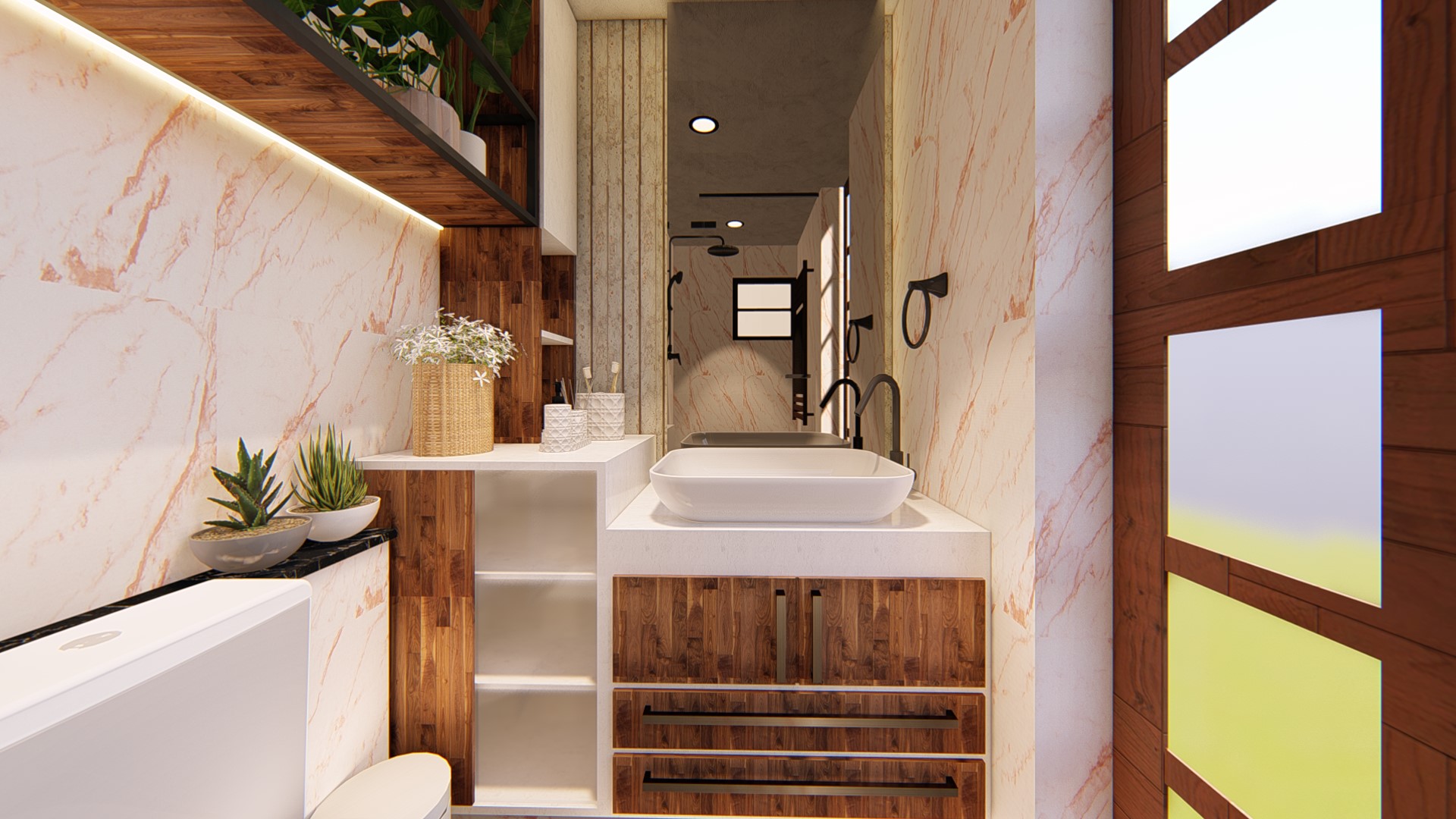 Contemporary toilet with wooden storage unit